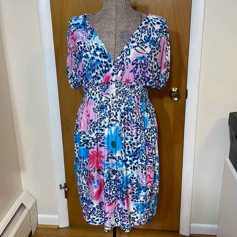 Paris Pink Womens Large Dress Waist Defined with Elastic Ruching Animal Print